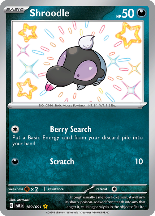 Shroodle 189/091 Shiny Rare Scarlet & Violet Paldean Fates Single Card