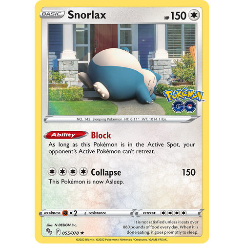 Snorlax 055/078 Holo Rare Pokemon Go Pokemon Card Single