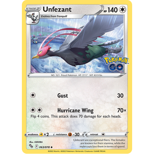 Unfezant 063/078 Uncommon Pokemon Go Pokemon Card Single