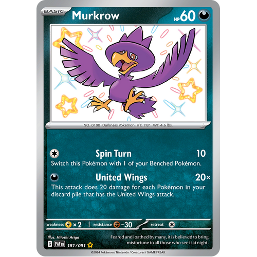 Murkrow 181/091 Shiny Rare Scarlet & Violet Paldean Fates Single Card