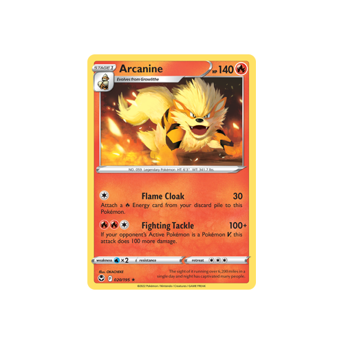 Arcanine 020/195 Rare Silver Tempest Pokemon Card Single