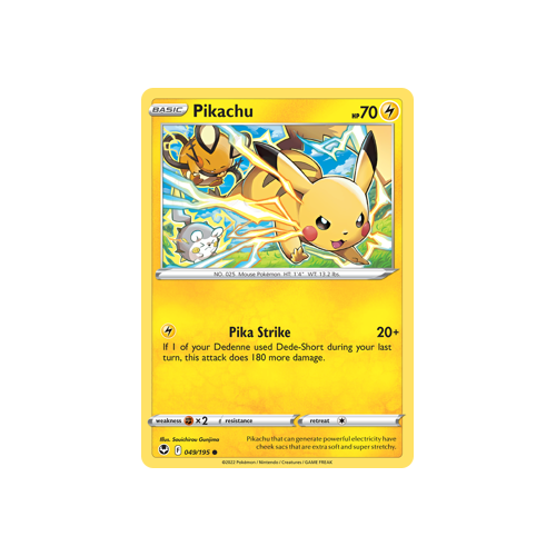Pikachu 049/195 Common Silver Tempest Pokemon Card Single