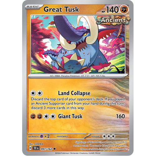 Great Tusk 097/162 Uncommon Scarlet & Violet Temporal Forces Near Mint Pokemon Card
